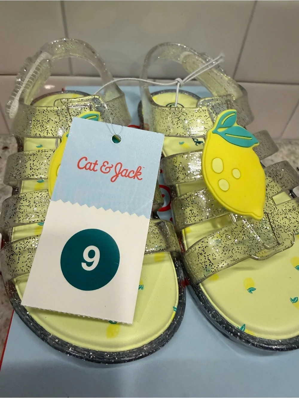 Cat & Jack Yellow Glitter Lemon Jelly Sandals for Kids Size 9 NWT